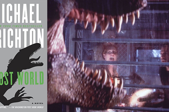 (L-R) The cover of The Lost World by Michael Crichton and a scene from The Lost World: Jurassic Park