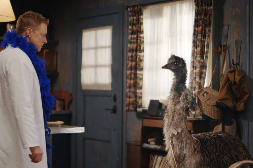 Harry Vanderspeigle (Alan Tudyk) looks at an emu in Resident Alien episode 306.