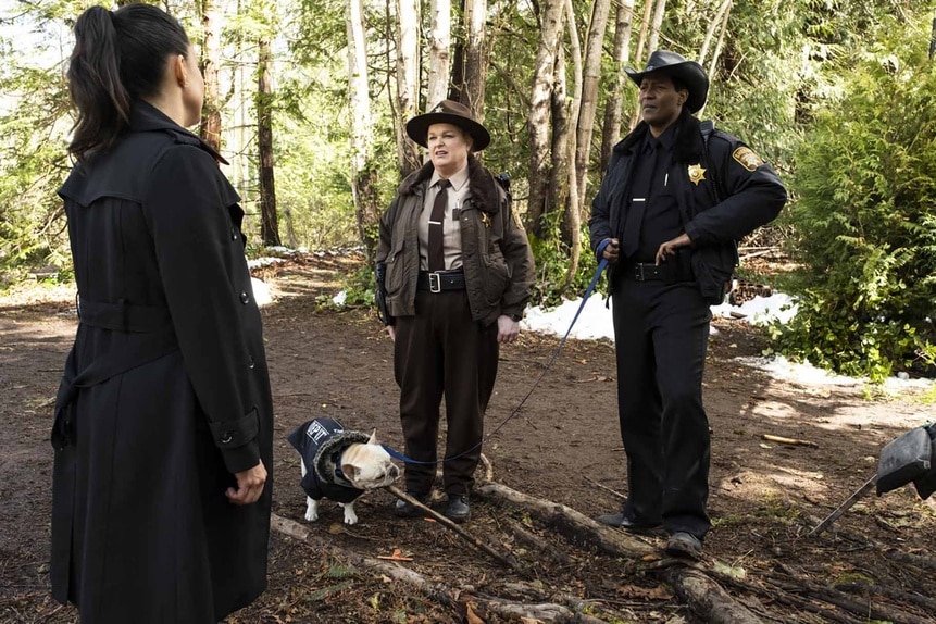 Detective Torres, Deputy Liv Baker, and Sheriff Mike Thompson stand in the woods on Resident Alien Episode 308.