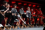 Jason Reitman, Ivan Reitman, Carrie Coon and Finn Wolfhard during the Ghostbusters_ Afterlife Cast & Filmmakers Panel (Photo by Craig Barritt_Getty Images for ReedPop )
