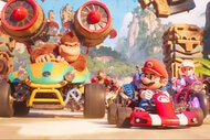 (from left) Donkey Kong, Mario, and Princess Peach in Nintendo and Illumination’s The Super Mario Bros. Movie (2023)