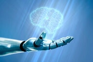 A robot hand showing hologram AI circuit brain