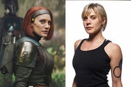 Katee Sackhoff as (L) Bo-Katan Kryze in The Mandalorian and (R) Lt. Kara "Starbuck" Thrace in Battlestar Galactica