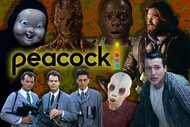 A collage featuring the Peacock logo and images from Happy Death Day 2U (2019), The Mummy (1999), Get Out (2017), The Thing (1982), Ghostbusters (1984), Us (2019), and Saw (2004).