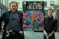 The cover of comic book R.I.P.D. #1 on top of a still image of Jeff Bridges and Ryan Reynolds in R.I.P.D. (2013)