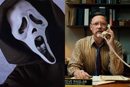 Ghostface appears in Scream (1996); Steve Raglan (Matthew Lillard) talks on a corded phone in Five Nights at Freddy’s (2023).