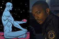 A split of Doctor Manhattan from the original "Watchmen" comic and Anthony Mackie in Synchronic (2019).