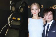 A split featuring Bonnie from Five Nights at Freddy's (2023) and Jennifer Lawrence and Josh Hutcherson.