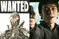 A split of the cover of the book Wanted by Mark Millar and James MacAvoy as Wesley Gisbon in Wanted (2008).