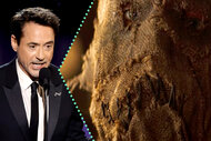 Split of Robert Downey Jr. accepting the Annual Critics Choice Awards for best actor and the Scarecrow from Batman Begins