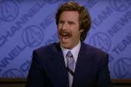 Ron Burgundy (Will Ferrell) does mouth exercises in a suit in Anchorman: The Legend of Ron Burgundy (2004).