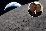 Earth and the Moon on Artemis II mission, inset with photo of Reid Wiseman and Carroll Wiseman.