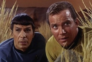William Shatner and Leonard Nimoy as Captain Kirk and Commander Spock on Star Trek the original series.