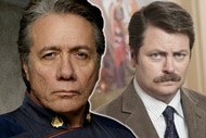 SIDE BY SIDE: Edward James Olmos as Commander Adama on Battlestar Galactica, and Nick Offerman as Ron Swanson on Parks and Recreation.
