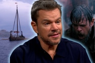 Matt Damon interview image, in front of a BTS image of a ship in the ocean and another image of him as Odysseus sailing in a storm.
