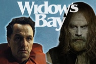 A collage featuring Matthew Rhys as Tom Loftis, Hamish Linklater as Richard Warren and the title treatment for Widow's Bay.