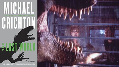 (L-R) The cover of The Lost World by Michael Crichton and a scene from The Lost World: Jurassic Park