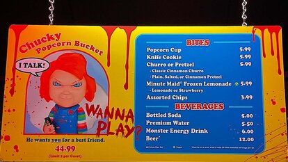 The menu at the Chucky activation at Halloween Horror Nights 2023 at Universal Studios Hollywood.