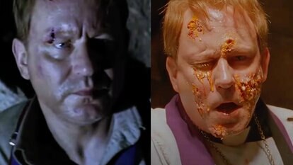 (L-R) Lankester Merrin (Stellan Skarsgård) appears in Exorcist: The Beginning (2004); Lankester Merrin (Stellan Skarsgård) appears in Dominion: Prequel to the Exorcist (2005).