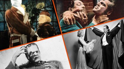 A collage featuring Universal Monsters from the films The Invisible Man (1933), Werewolf of London (1935),  Son of Frankenstein (1939); and Dracula (1931).