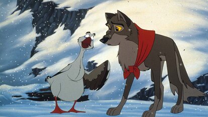 Boris the Goose (Bob Hoskins) speaks to Balto (Kevin Bacon) in a snowy landscape in Balto (1995).