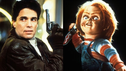A split featuring Chris Sarandon with gun and Chucky with knife in Child's Play (1988).