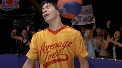 Justin (Justin Long) gets hit by a dodgeball in Dodgeball: A True Underdog Story (2004).