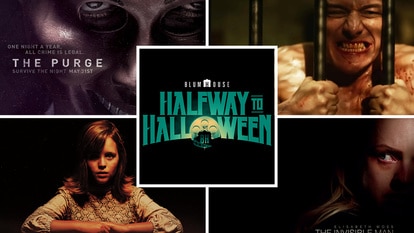 A collage featuring The Purge (2013), Split (2016), Ouija: Origin of Evil (2016), and The Invisible Man (2020) around the Blumhouse Halfway to Halloween Festival logo.