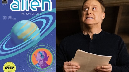 A split featuring the cover of Resident Alien: The Book of Life and Harry Vanderspeigle in Resident Alien Episode 303.