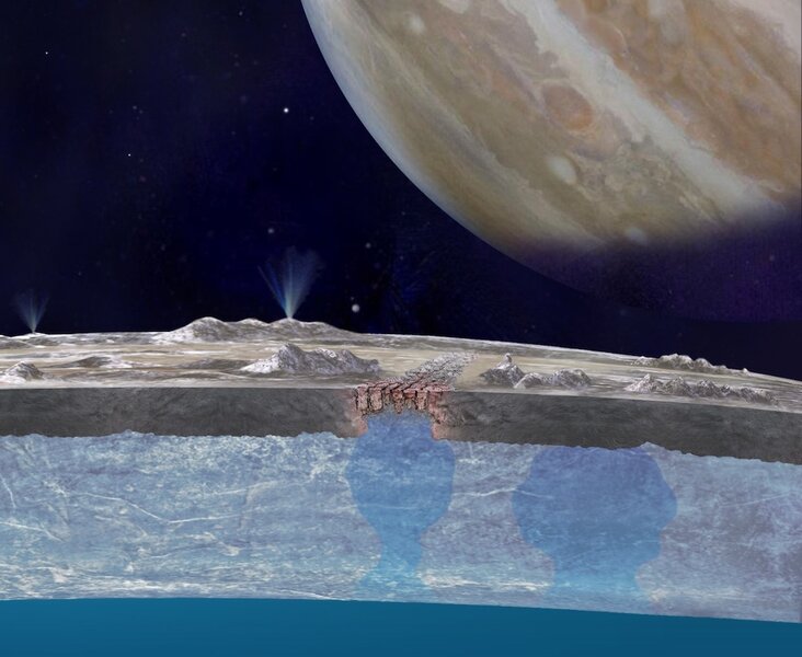 An artist’s interpretation of liquid water on the surface of the Europa pooling beneath chaos terrain.