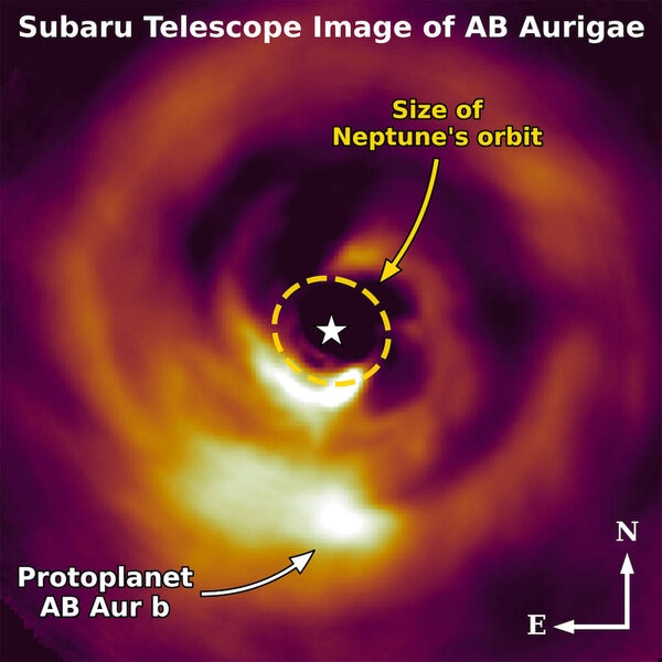 An infrared image taken by the Subaru telescope shows the spiral pattern in the gas disk around the star AB Aurigae