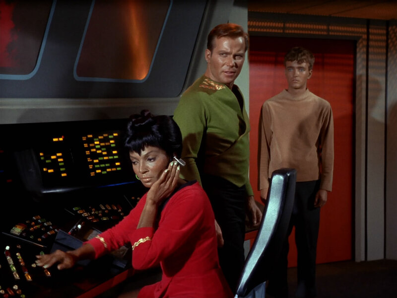(L-R) Nichelle Nichols as Lieutenant Uhura, William Shatner as Captain James T. Kirk and Robert Walker Jr. as Charlie Evans in in the STAR TREK episode, "Charlie X."