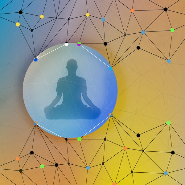 Concept image of a man meditating in a bubble surrounded by and connected by molecular structure