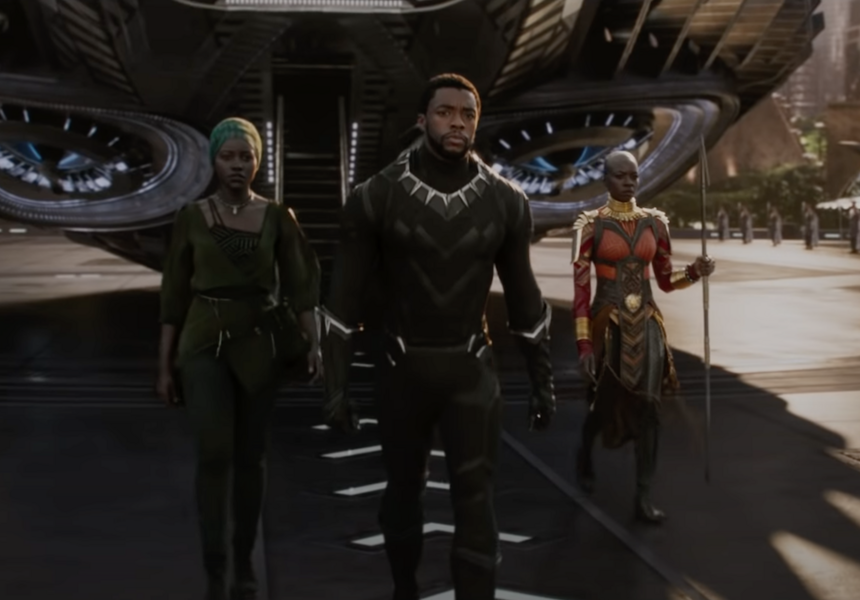 (L-R) Nakia (Lupita Nyong'o), T'Challa (Chadwick Boseman), and Okoye (Danai Jekesai Gurira) in Black Panther (2018)