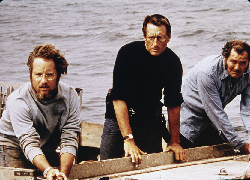 (L-R) Richard Dreyfuss, Roy Scheider and Robert Shaw on a boat in Jaws (1975)