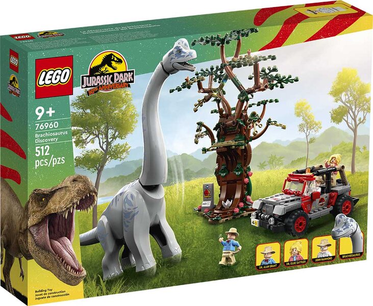 A product shot of the packing from a Jurassic Park Lego set featuring a jeep, tree and brachiosaur
