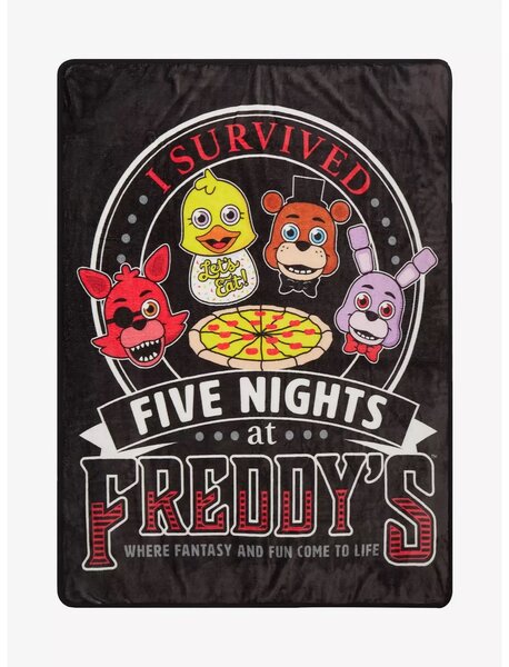 Five Nights At Freddy's (2023) "I Survived" throw blanket with animatronics and pizza.