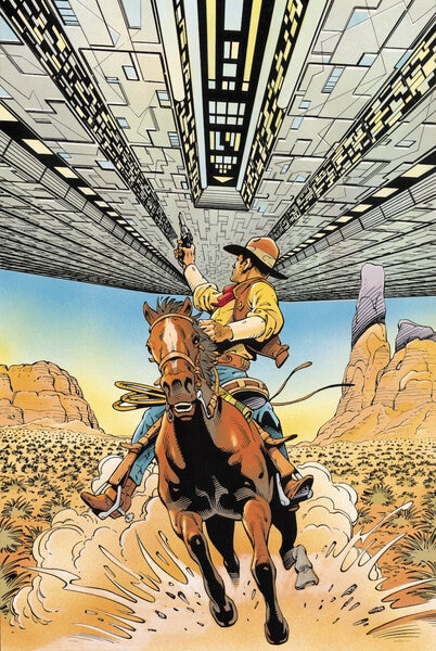 A cover of the comic Cowboys & Aliens featuring a spaceship flying above a cowboy on a horse shooting at the ship.