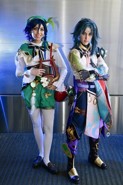 Cosplayers posing as Genshin Impact characters attend New York Comic Con 2023 - Day 2 at Javits Center.