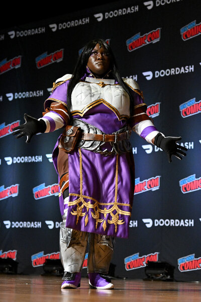 A cosplayer dressed as Ayra from 'Fire Emblem: Genealogy of the Holy War' poses during Cosplay Central Crown Championship Qualifier at New York Comic Con 2023 - Day 3 at Javits Center.