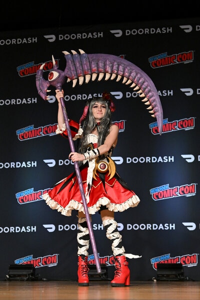 A cosplayer dressed as Ranko Kanzaki form 'Granblue Fantasy' poses during Cosplay Central Crown Championship Qualifier at New York Comic Con 2023 - Day 3 at Javits Center.