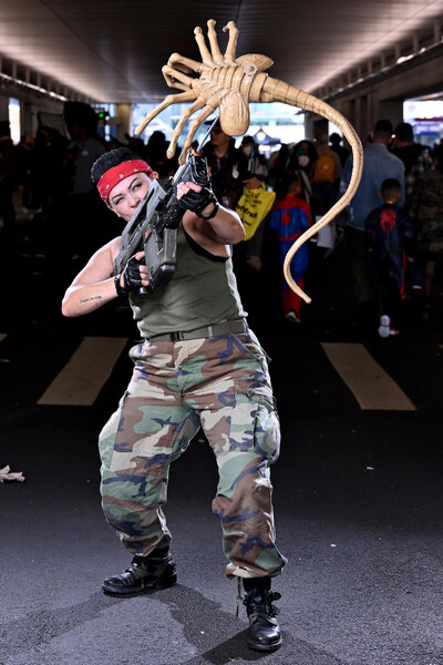 A cosplayer poses as Pvt. Vasquez from "Aliens" during New York Comic Con 2023 - Day 4 at Javits Center.