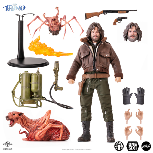 A layout of Mondo's R.J. MacReady from The Thing (1982) figurine with its accessories featuring monsters, weapons, and replacement head and hands.