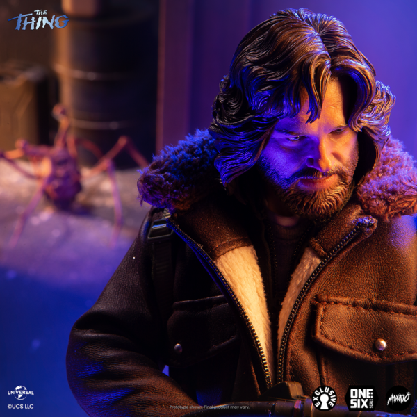 Mondo's R.J. MacReady from The Thing (1982) figurine has an insect-like monster crawling behind.