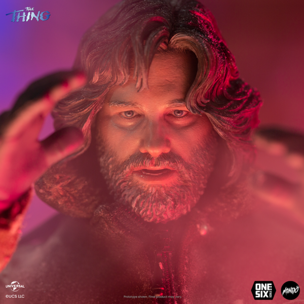 A face closeup of Mondo's R.J. MacReady from The Thing (1982) figurine with his hands up.