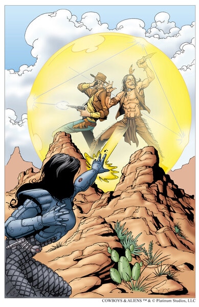 The interior of a Cowboys & Aliens depicting a cowboy and Native warrior shooting and stabbing at a golden bubble as a woman traps them from below.