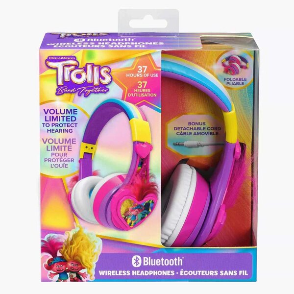 Trolls pink and purple wireless headphones in brand packaging.