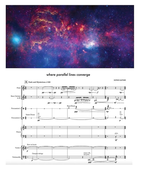 The Milky Way galaxy and sheet music titled "where parallel lines converge".