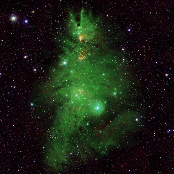 A gif of cluster of stars emitting a green Christmas tree-like glow.