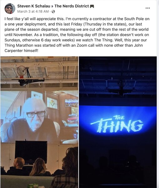 A Facebook post featuring John Carpenter and The Thing (1982).